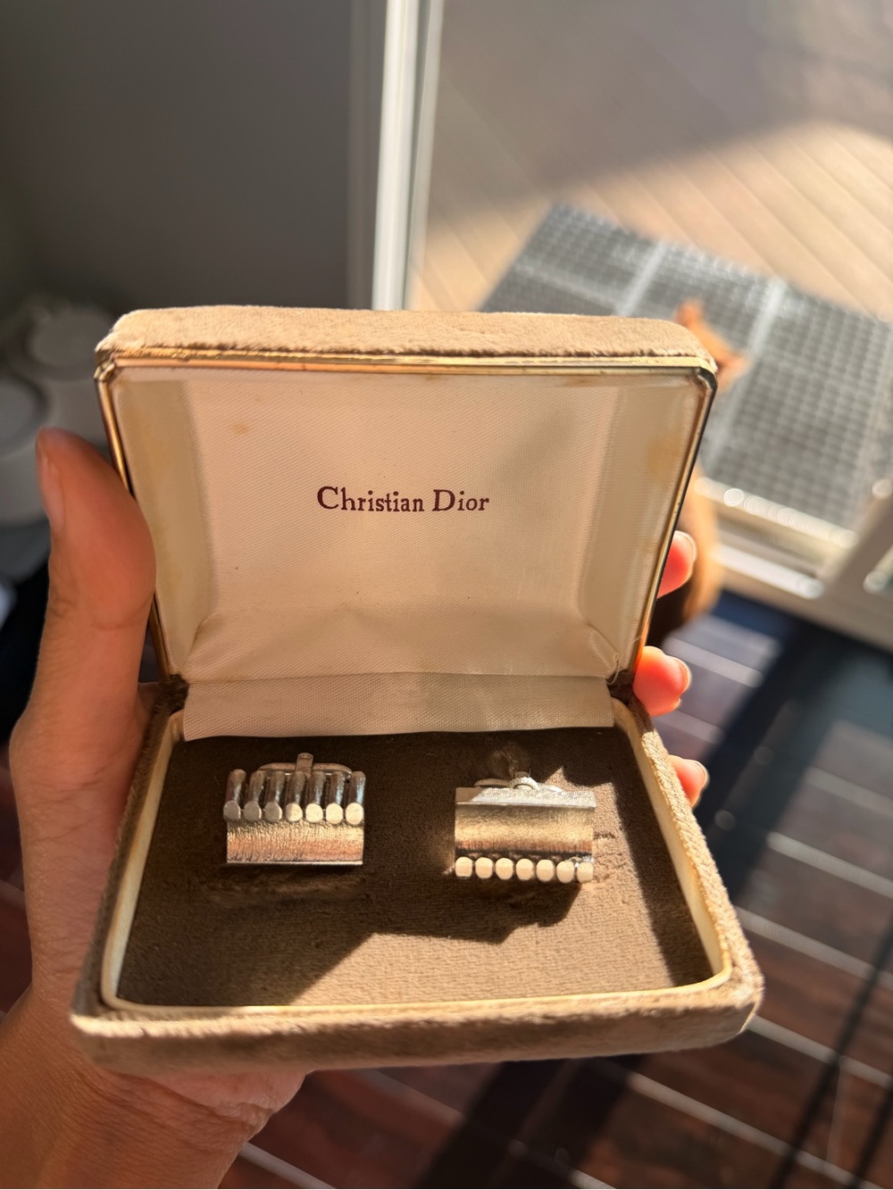 Christian Dior Silver Rectangular Cufflinks with Raised Dot Detail